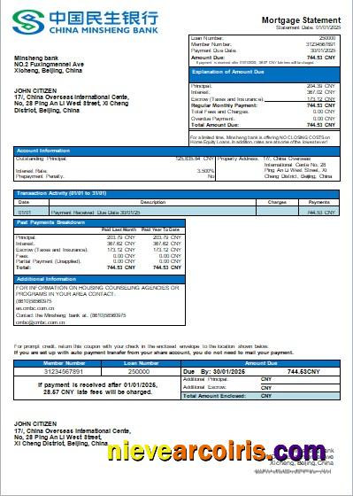 China Minsheng bank mortgage statement